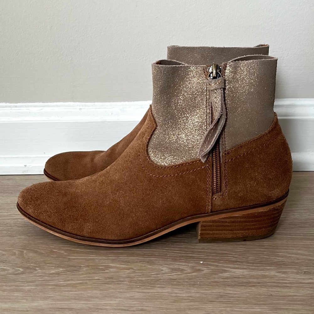 Frye and Co. Women’s Rubie Zip Cognac & Metallic Gold Suede Low Heel Ankle Boot